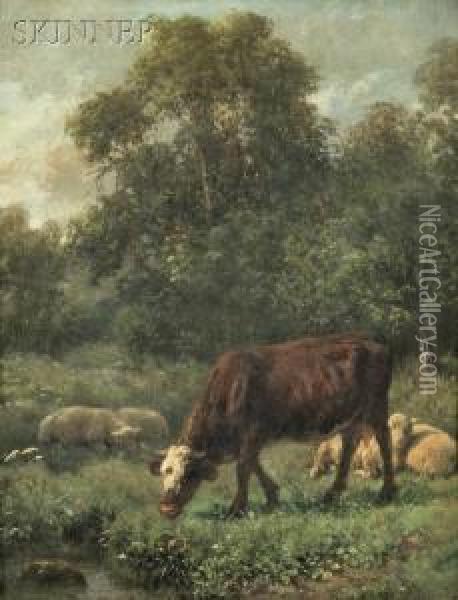 Pastoral Scene With Grazing Cow And Sheep Oil Painting - Juliette Peyrol Bonheur