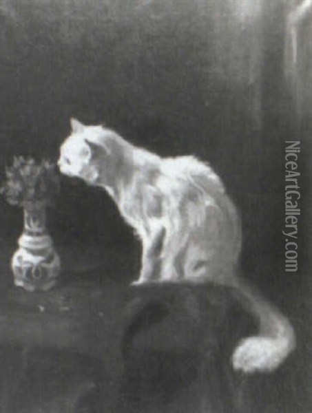 Persian Cat Perched On A Table Oil Painting - Arthur Heyer