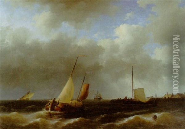 Ships In A Harbour In Stormy Weather Oil Painting - Johannes Christiaan Schotel