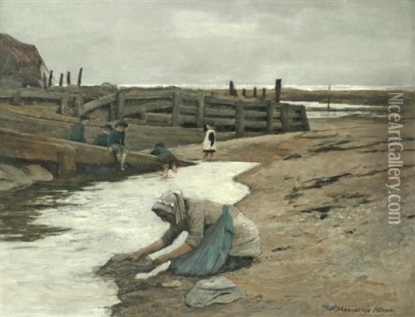 A Woman Washing Clothes In A Pool, Probably Staithes, Yorkshire Oil Painting - Harrington Mann