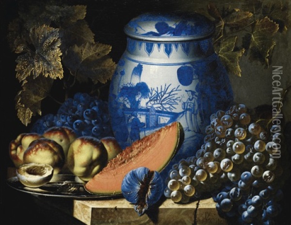 Nature Morte Aux Raisins, Plat De Peches Et Potiche Chinoise Sur Un Entablement En Pierre Oil Painting - Pierre Antoine Lemoyne