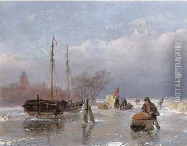 Skaters on the ice with a koek en zopie in the distance Oil Painting - Andreas Schelfhout