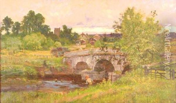An Old Devonshire Bridge Oil Painting - John Mallard Bromley
