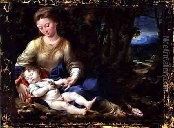 The Virgin and Child in a Landscape Oil Painting - Girolamo Mazzola Bedoli
