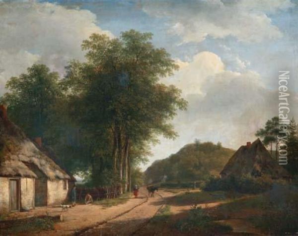 A Farmer In A Summer Landscape Oil Painting - Andreas Schelfhout