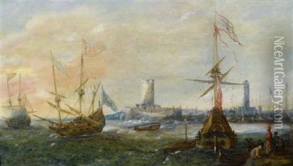 Marine Vor Einem Fremden Hafen Oil Painting - Andries Van Eertvelt