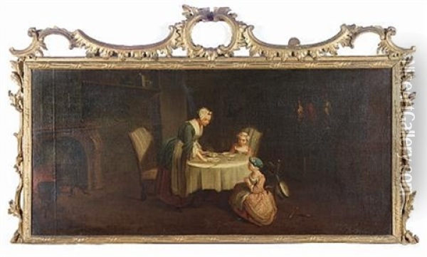A Woman And Her Young Family In An Interior Oil Painting - Jean-Baptiste-Simeon Chardin