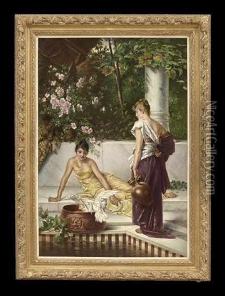 By The Garden Pool Oil Painting - Charles Frederick Lowcock