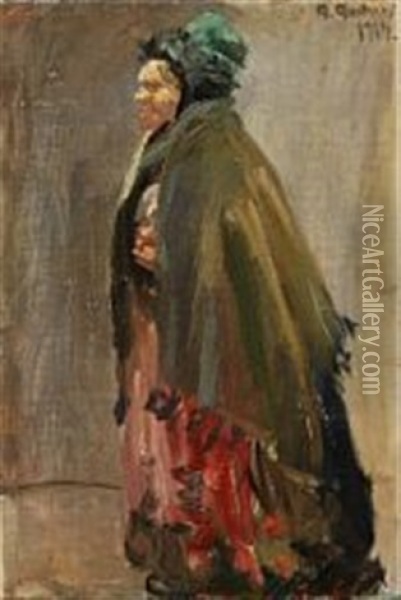 An Old Woman With A Green Hat And Shawl Oil Painting - Anna Kirstine Ancher