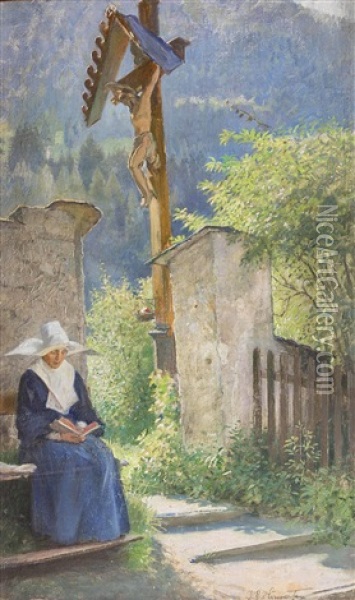 Vinzentinerin Lesend An Einer Friedhofsmauer Sitzend Oil Painting - Joseph Eugen Hoerwarter