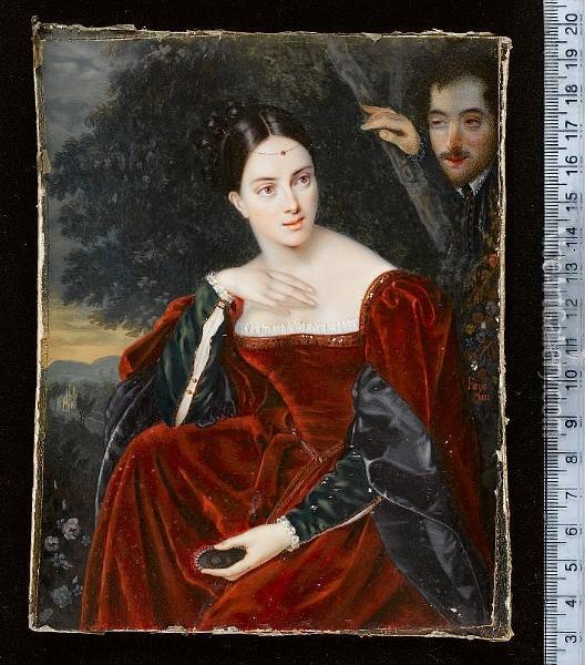 A Lady, Seated Beneath A Tree, Wearing Burgundy-coloured Velvet Dress With Embroidered Trim And White Lace Underslip, The Sleeves Turned Back To Reveal Dark Grey Lining And Green Under Sleeves Slashed To Reveal White, She Holds In Her Left Hand A Portrait Oil Painting - Guglielmo Faija