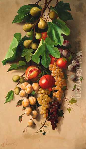 A branch of figs with grapes, plums and pomegranates Oil Painting - Michaelangelo Meucci