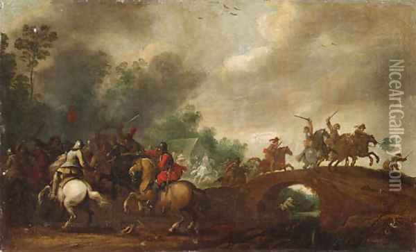 A Cavalry Skirmish on the outskirts of a Wood by a Bridge Oil Painting - Pieter Meulener
