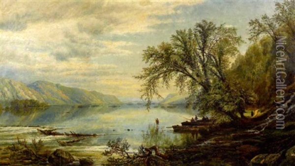 Mountainous Landscape With Lake And Fishermen Oil Painting - Edmund Darch Lewis