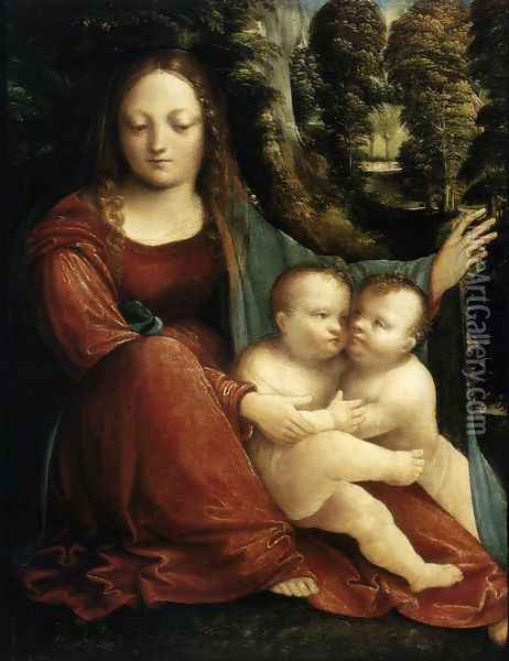 Madonna and Child with the Infant St John c. 1515 Oil Painting - Martino Piazza Da Lodi