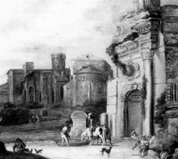 Travellers By A Fountain Near Classical Ruins Oil Painting - Charles Cornelisz de Hooch