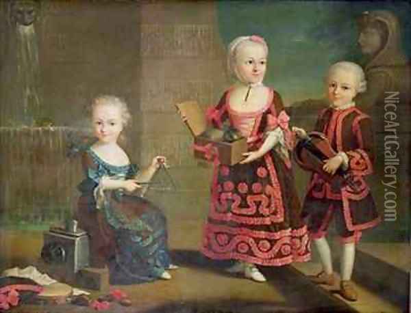 A Girl with a Marmoset in a Box Girl with Triangle sitting on a Magic Lantern and a Boy with a Hurdy Gurdy Oil Painting - Francois-Hubert Drouais