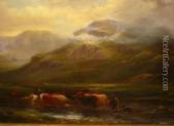 Highland Loch With Cattle And Drovers Oil Painting - Louis Bosworth Hurt