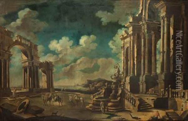 Capricho Arquitectonico Con La Fuente De Hercules E Hidra Oil Painting - Leonardo Coccorant