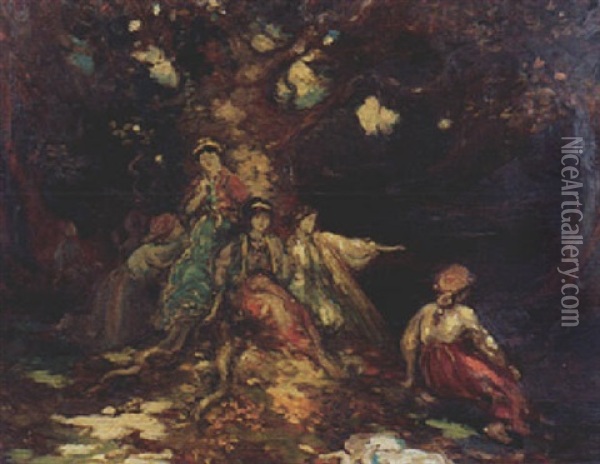 Forest Interior With Figures (mid-summers Night's Dream) Oil Painting - George Russell