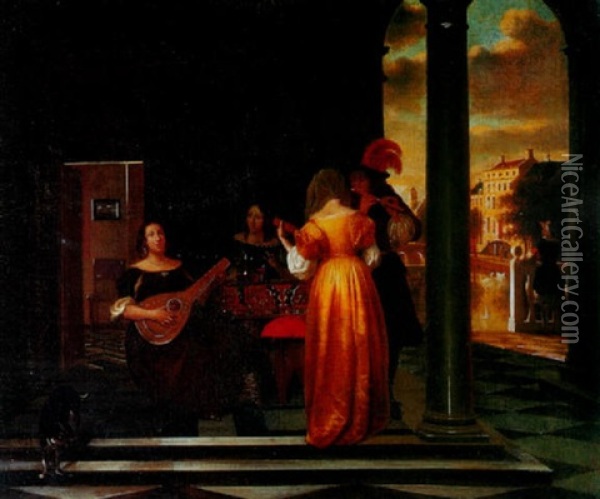Three Women And A Man Making Music In A Vestibule Oil Painting - Pieter De Hooch