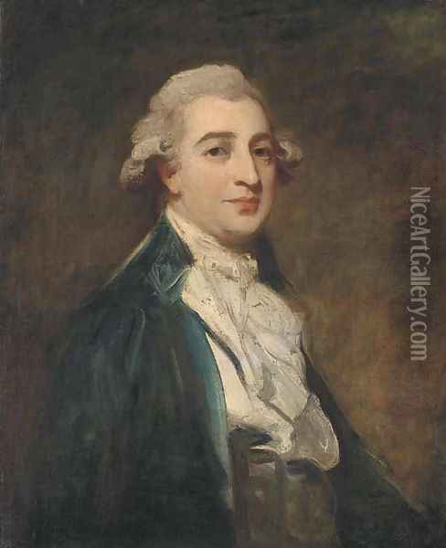 Portrait of a gentleman, bust-length, in a blue jacket and white cravat Oil Painting - George Romney
