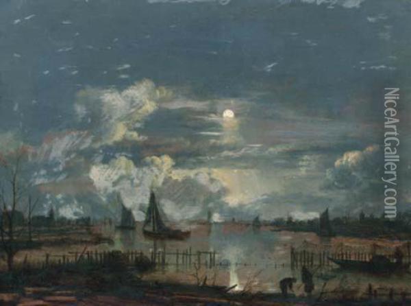 A Moonlit Riverlandscape Oil Painting - Aert van der Neer