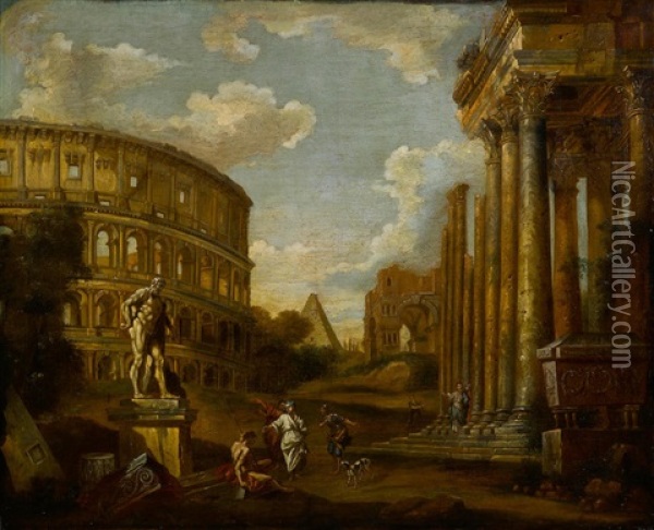 A Capriccio View Of The Colosseum With The Farnese Hercules And The Tomb Of Cestius Beyond Oil Painting - Giovanni Paolo Panini