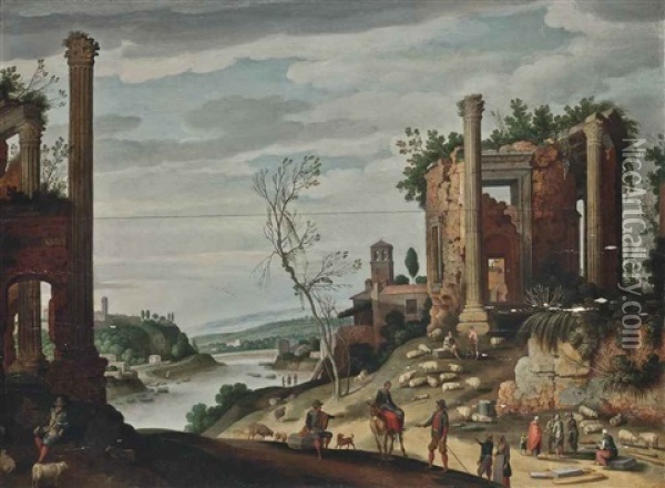 A River Landscape With Classical Ruins, Shepherds And Shepherdesses And Their Flock Oil Painting - Willem van Nieulandt the Younger