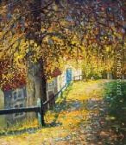 Das Haus Des Kunstlers (?) Unter Herbstlichen Baumen Oil Painting - Edward Alfred Cucuel