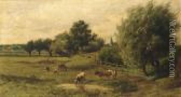 Cows In A Summer Landscape Oil Painting - Willem Carel Nakken