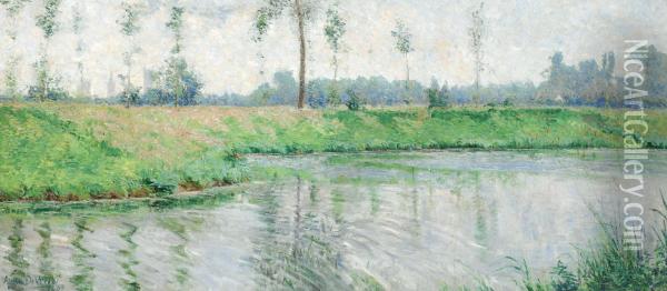 View Of The Leie Withthe Towers Of Ghent In The Distance (1897) Oil Painting - Anna de Weert