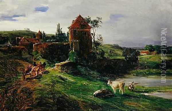 Landscape with a Bridge near Landsberg an der Warthe Oil Painting - Louis Kolitz