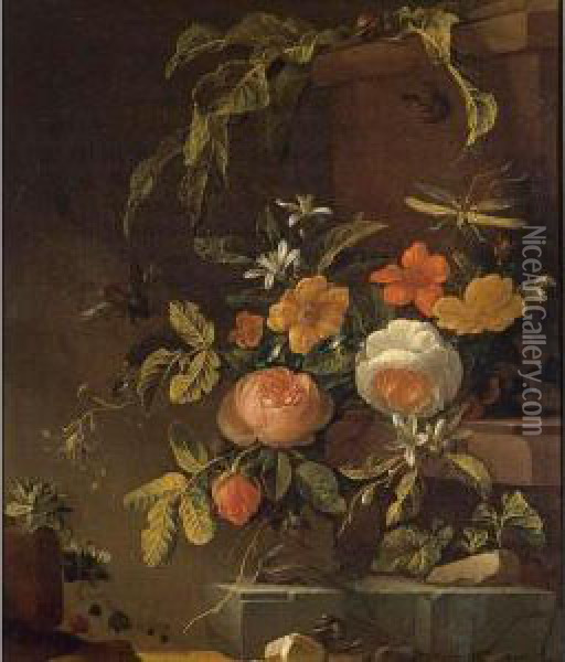 Flowers In A Landscape With A Lizard Oil Painting - Carl Wilhelm de Hamilton