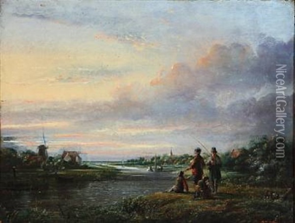 Two Men Fishing Along A River With Their Two Boys Oil Painting - Johann Ludwig Hansen