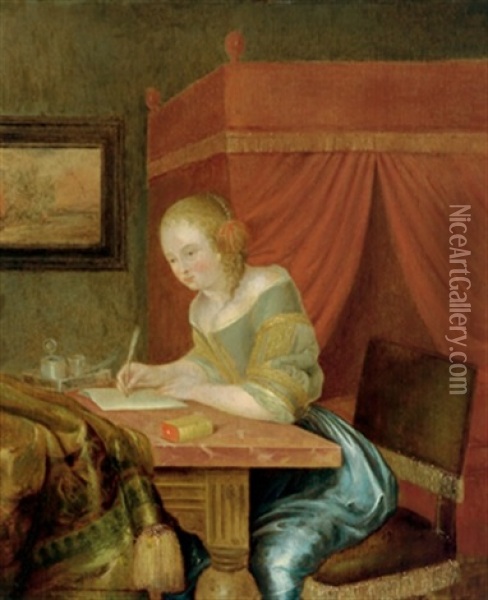 Dame In Einem Interieur, Einen Brief Schreibend Oil Painting - Jacob Ochtervelt