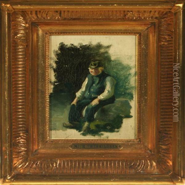 Farmer Sitting Ona Stone Oil Painting - Michael Therkildsen