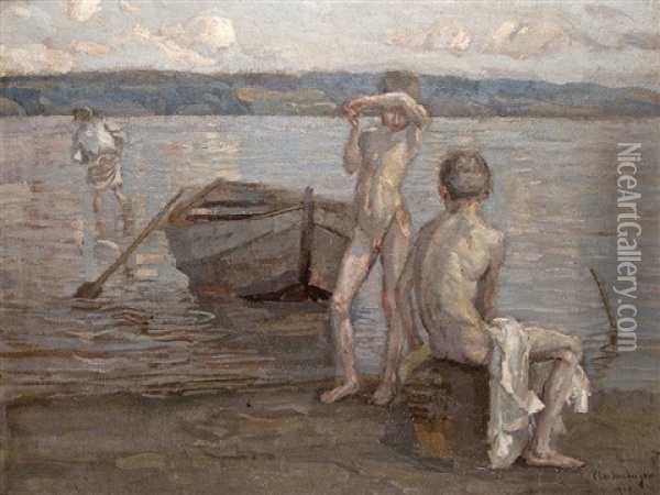 Boys Bathing On The Lake Shore Oil Painting - Christian Landenberger