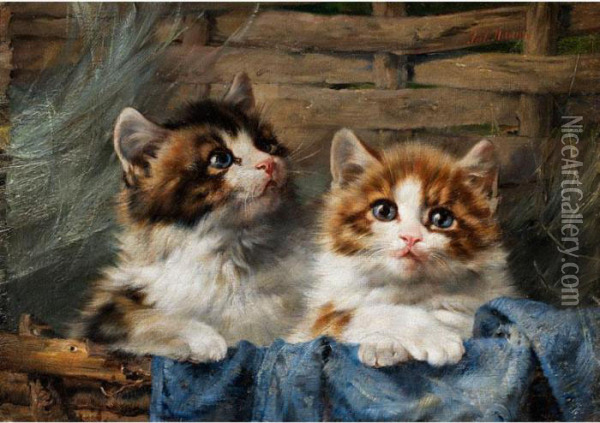 Zwei Katzchen Im Korb Mit Blauem Tuch Oil Painting - Julius Adam