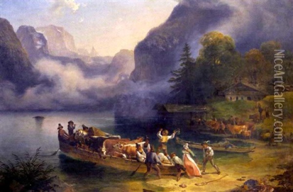 Einschiffung Einer Herde Am Konigssee Oil Painting - Friedrich Gauermann