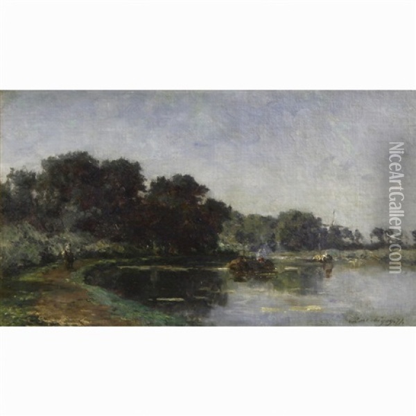 A Towpath Beside A River Oil Painting - Charles Francois Daubigny