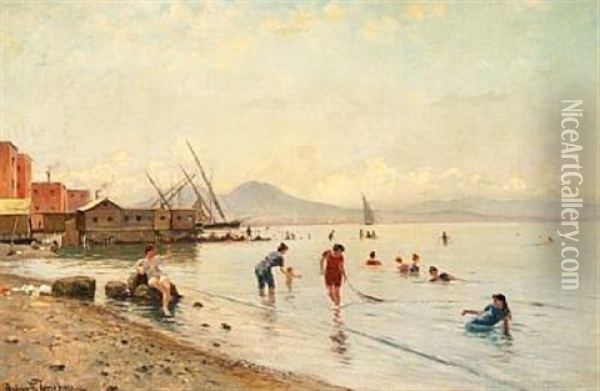 Women And Children On The Beach Of Portici Near Mount Vesuvius In The Bay Of Naples Oil Painting - Holger Hvitfeldt Jerichau