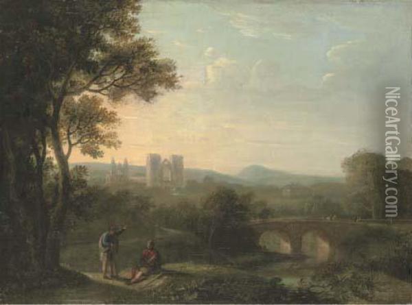 View Of Jedburgh Abbey From The North-west With Figures In Theforeground Oil Painting - Alexander Nasmyth