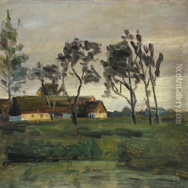 Evening Light On A Peasant Farm Oil Painting - Georg Nicolaj Achen