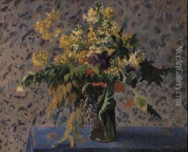 Bouquet De Fleurs; Iris, Coquelicots Et Fleurs De Choux Oil Painting - Camille Pissarro