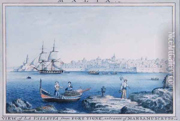 Malta View of La Valletta from Fort Tigne, entrance of Marsamuscetto Oil Painting - Anton the Younger Schranz