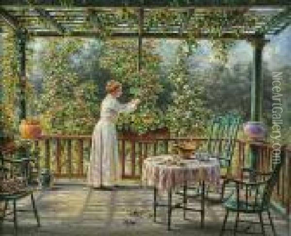 The Artist's Wife Clipping Flowers Oil Painting - Edward Lamson Henry
