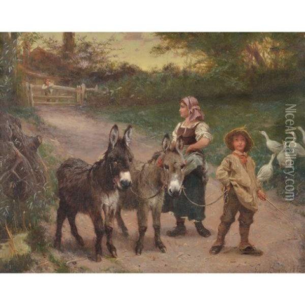 Peasant Children With Donkeys And Geese Oil Painting - Edgar Bundy