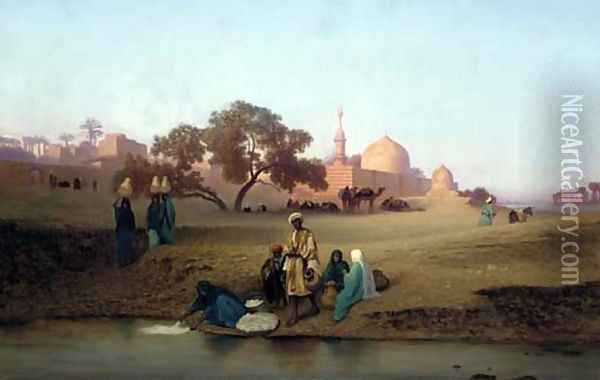 A village along the Nile near Cairo Oil Painting - Charles Theodore Frere