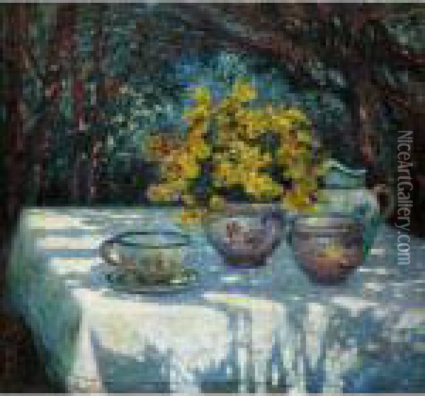 Table Au Bouquet Jaune Oil Painting - Ferdinand Loyen Du Puigaudeau